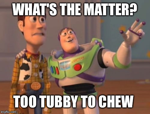 X, X Everywhere | WHAT'S THE MATTER? TOO TUBBY TO CHEW | image tagged in memes,x x everywhere | made w/ Imgflip meme maker
