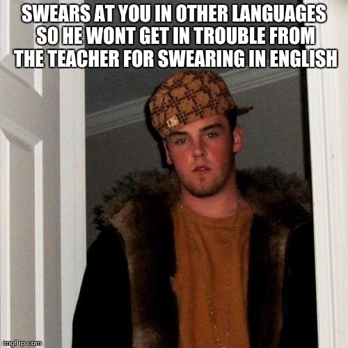 Scumbag Steve | SWEARS AT YOU IN OTHER LANGUAGES SO HE WONT GET IN TROUBLE FROM THE TEACHER FOR SWEARING IN ENGLISH | image tagged in memes,scumbag steve | made w/ Imgflip meme maker