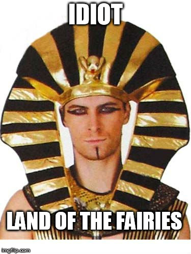 Idiot, Land Of The Fairies; Egypt, Land Of The Pharaohs | IDIOT LAND OF THE FAIRIES | image tagged in idiot,land,fairies,egypt,pharaohs | made w/ Imgflip meme maker
