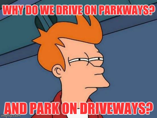 Futurama Fry | WHY DO WE DRIVE ON PARKWAYS? AND PARK ON DRIVEWAYS? | image tagged in memes,futurama fry | made w/ Imgflip meme maker