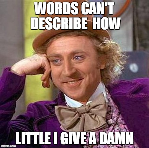 Creepy Condescending Wonka Meme | WORDS CAN'T DESCRIBE 
HOW LITTLE I GIVE A DAMN | image tagged in memes,creepy condescending wonka | made w/ Imgflip meme maker