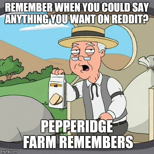 Pepperidge Farm Remembers Meme | REMEMBER WHEN YOU COULD SAY ANYTHING YOU WANT ON REDDIT? PEPPERIDGE FARM REMEMBERS | image tagged in memes,pepperidge farm remembers | made w/ Imgflip meme maker