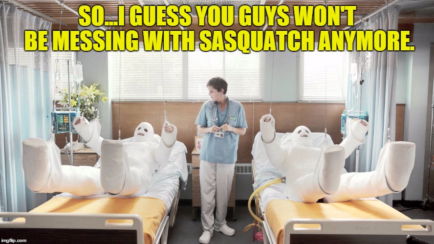 SO...I GUESS YOU GUYS WON'T BE MESSING WITH SASQUATCH ANYMORE. | image tagged in hurt | made w/ Imgflip meme maker