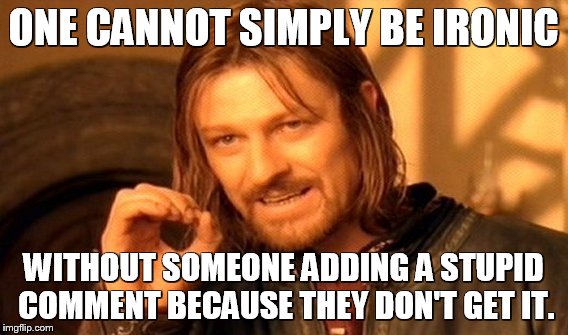 One Does Not Simply Meme | ONE CANNOT SIMPLY BE IRONIC WITHOUT SOMEONE ADDING A STUPID COMMENT BECAUSE THEY DON'T GET IT. | image tagged in memes,one does not simply | made w/ Imgflip meme maker