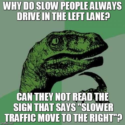 Philosoraptor | WHY DO SLOW PEOPLE ALWAYS DRIVE IN THE LEFT LANE? CAN THEY NOT READ THE SIGN THAT SAYS "SLOWER TRAFFIC MOVE TO THE RIGHT"? | image tagged in memes,philosoraptor | made w/ Imgflip meme maker