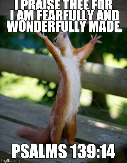 amen squirrel | I PRAISE THEE FOR I AM FEARFULLY AND WONDERFULLY MADE. PSALMS 139:14 | image tagged in amen squirrel | made w/ Imgflip meme maker