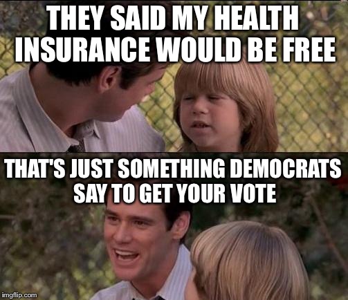 That's Just Something X Say | THEY SAID MY HEALTH INSURANCE WOULD BE FREE THAT'S JUST SOMETHING DEMOCRATS SAY TO GET YOUR VOTE | image tagged in memes,thats just something x say | made w/ Imgflip meme maker