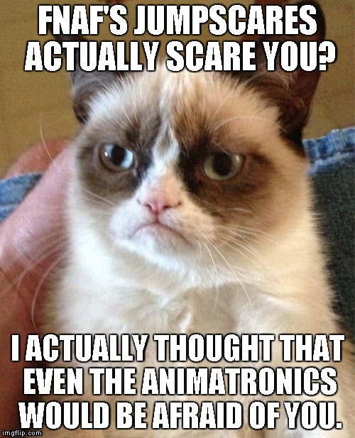 Grumpy Cat Meme | FNAF'S JUMPSCARES ACTUALLY SCARE YOU? I ACTUALLY THOUGHT THAT EVEN THE ANIMATRONICS WOULD BE AFRAID OF YOU. | image tagged in memes,grumpy cat | made w/ Imgflip meme maker