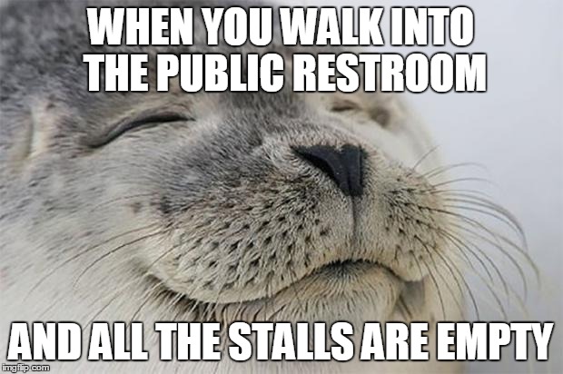 Satisfied Seal | WHEN YOU WALK INTO THE PUBLIC RESTROOM AND ALL THE STALLS ARE EMPTY | image tagged in memes,satisfied seal | made w/ Imgflip meme maker