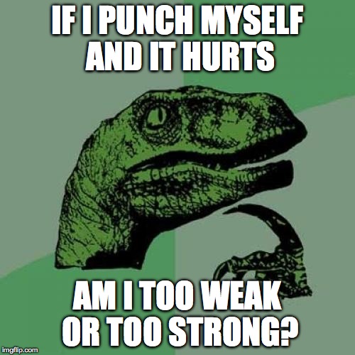 Philosoraptor | IF I PUNCH MYSELF AND IT HURTS AM I TOO WEAK OR TOO STRONG? | image tagged in memes,philosoraptor | made w/ Imgflip meme maker