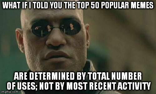 Matrix Morpheus Meme | WHAT IF I TOLD YOU THE TOP 50 POPULAR MEMES ARE DETERMINED BY TOTAL NUMBER OF USES; NOT BY MOST RECENT ACTIVITY | image tagged in memes,matrix morpheus | made w/ Imgflip meme maker