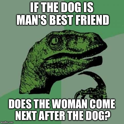 Philosoraptor | IF THE DOG IS MAN'S BEST FRIEND DOES THE WOMAN COME NEXT AFTER THE DOG? | image tagged in memes,philosoraptor | made w/ Imgflip meme maker