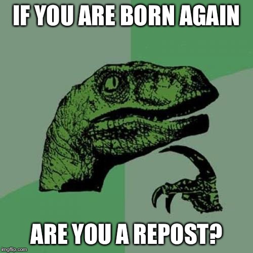 Philosoraptor | IF YOU ARE BORN AGAIN ARE YOU A REPOST? | image tagged in memes,philosoraptor | made w/ Imgflip meme maker