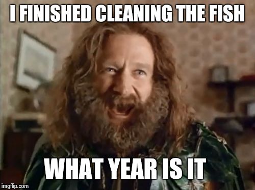 the good news- I caught a lot of fish
the bad news- I have  to clean them all | I FINISHED CLEANING THE FISH WHAT YEAR IS IT | image tagged in memes,what year is it | made w/ Imgflip meme maker