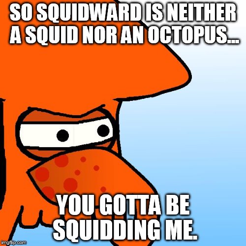 You Gottta Be Squidding Me | SO SQUIDWARD IS NEITHER A SQUID NOR AN OCTOPUS... YOU GOTTA BE SQUIDDING ME. | image tagged in you gottta be squidding me | made w/ Imgflip meme maker