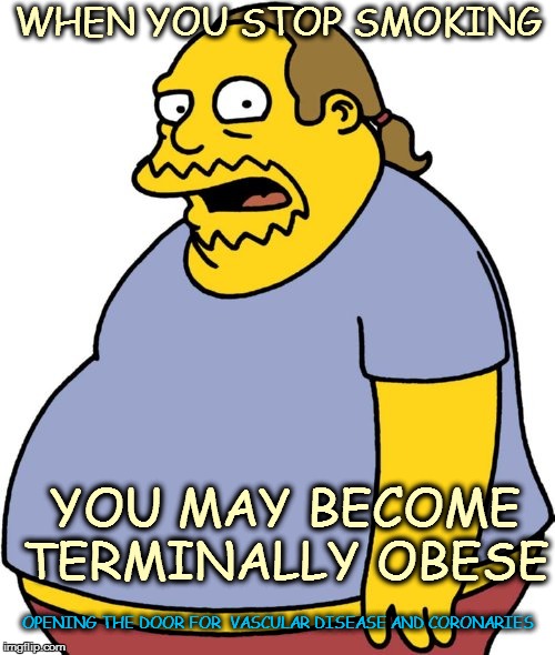 Comic Book Guy | WHEN YOU STOP SMOKING YOU MAY BECOME TERMINALLY OBESE OPENING THE DOOR FOR  VASCULAR DISEASE AND CORONARIES | image tagged in memes,comic book guy | made w/ Imgflip meme maker