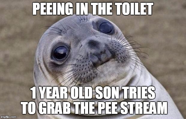 Awkward Moment Sealion | PEEING IN THE TOILET 1 YEAR OLD SON TRIES TO GRAB THE PEE STREAM | image tagged in memes,awkward moment sealion,AdviceAnimals | made w/ Imgflip meme maker