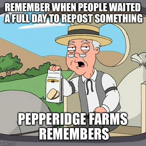 Pepperidge Farm Remembers Meme | REMEMBER WHEN PEOPLE WAITED A FULL DAY TO REPOST SOMETHING PEPPERIDGE FARMS REMEMBERS | image tagged in memes,pepperidge farm remembers,AdviceAnimals | made w/ Imgflip meme maker