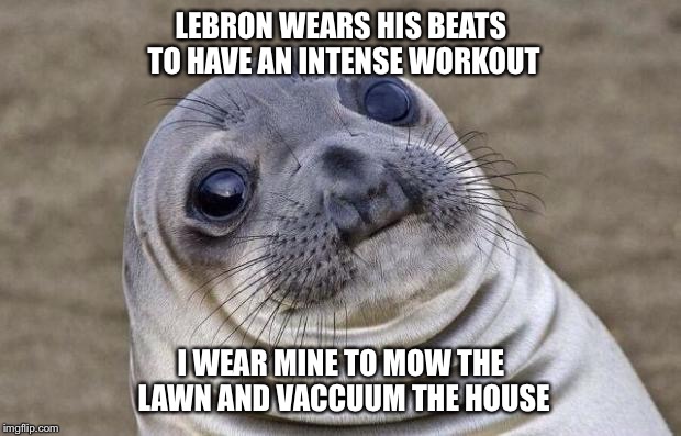 Awkward Moment Sealion | LEBRON WEARS HIS BEATS TO HAVE AN INTENSE WORKOUT I WEAR MINE TO MOW THE LAWN AND VACCUUM THE HOUSE | image tagged in memes,awkward moment sealion | made w/ Imgflip meme maker