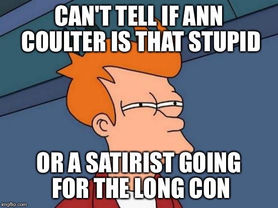 Futurama Fry Meme | CAN'T TELL IF ANN COULTER IS THAT STUPID OR A SATIRIST GOING FOR THE LONG CON | image tagged in memes,futurama fry,AdviceAnimals | made w/ Imgflip meme maker