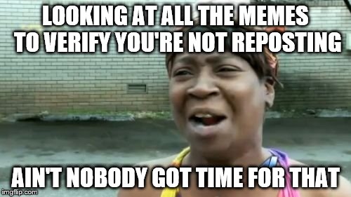 Ain't Nobody Got Time For That Meme | LOOKING AT ALL THE MEMES TO VERIFY YOU'RE NOT REPOSTING AIN'T NOBODY GOT TIME FOR THAT | image tagged in memes,aint nobody got time for that | made w/ Imgflip meme maker
