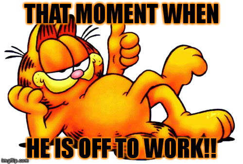 off to work | THAT MOMENT WHEN HE IS OFF TO WORK!! | image tagged in work,off,man off to work,garfield | made w/ Imgflip meme maker