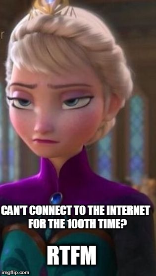 CAN'T CONNECT TO THE INTERNET  FOR THE 100TH TIME? RTFM | image tagged in elsa,no fucks given,grumpy cat | made w/ Imgflip meme maker