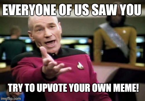 Picard Wtf | EVERYONE OF US SAW YOU TRY TO UPVOTE YOUR OWN MEME! | image tagged in memes,picard wtf | made w/ Imgflip meme maker