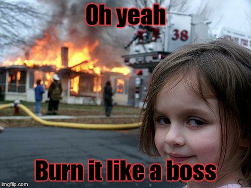 Disaster Girl | Oh yeah Burn it like a boss | image tagged in memes,disaster girl | made w/ Imgflip meme maker
