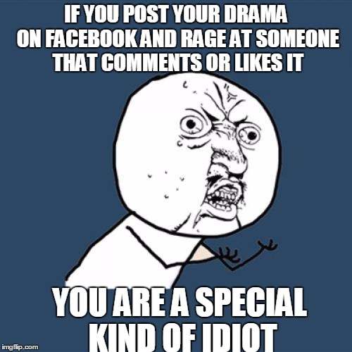 Y U No | IF YOU POST YOUR DRAMA ON FACEBOOK AND RAGE AT SOMEONE THAT COMMENTS OR LIKES IT YOU ARE A SPECIAL KIND OF IDIOT | image tagged in memes,y u no | made w/ Imgflip meme maker