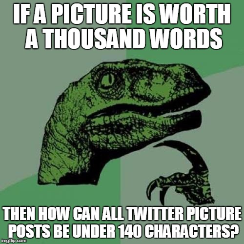 I'm pretty sure there are no 0.14-letter words. | IF A PICTURE IS WORTH A THOUSAND WORDS THEN HOW CAN ALL TWITTER PICTURE POSTS BE UNDER 140 CHARACTERS? | image tagged in memes,philosoraptor,twitter,picture | made w/ Imgflip meme maker