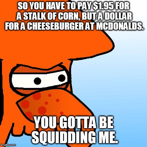 You Gottta Be Squidding Me | SO YOU HAVE TO PAY $1.95 FOR A STALK OF CORN, BUT A DOLLAR FOR A CHEESEBURGER AT MCDONALDS. YOU GOTTA BE SQUIDDING ME. | image tagged in you gottta be squidding me | made w/ Imgflip meme maker