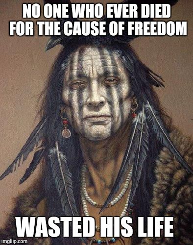 a soldier's sacrifice isnt in vain | NO ONE WHO EVER DIED FOR THE CAUSE OF FREEDOM WASTED HIS LIFE | image tagged in native american | made w/ Imgflip meme maker