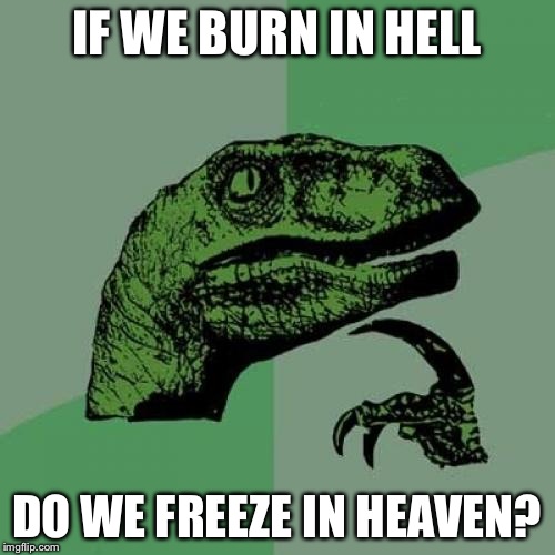 Philosoraptor | IF WE BURN IN HELL DO WE FREEZE IN HEAVEN? | image tagged in memes,philosoraptor | made w/ Imgflip meme maker
