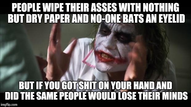 I have always wondered why... | PEOPLE WIPE THEIR ASSES WITH NOTHING BUT DRY PAPER AND NO-ONE BATS AN EYELID BUT IF YOU GOT SHIT ON YOUR HAND AND DID THE SAME PEOPLE WOULD  | image tagged in memes,and everybody loses their minds | made w/ Imgflip meme maker