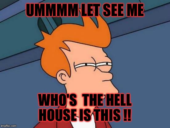 Futurama Fry | UMMMM LET SEE ME WHO'S  THE HELL HOUSE IS THIS !! | image tagged in memes,futurama fry | made w/ Imgflip meme maker