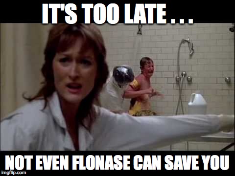 Silkwood allergies | IT'S TOO LATE . . . NOT EVEN FLONASE CAN SAVE YOU | image tagged in allergies,hayfever | made w/ Imgflip meme maker