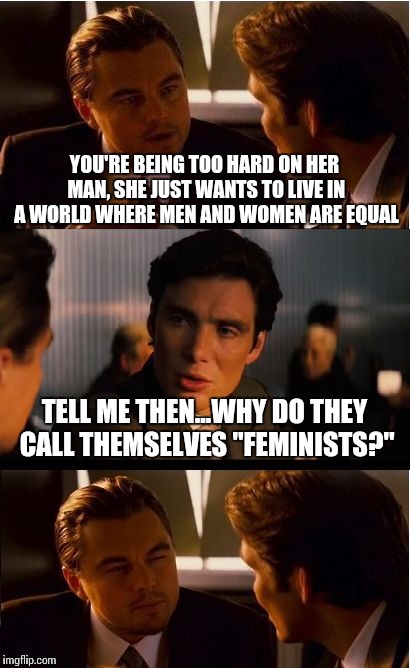 Inception | YOU'RE BEING TOO HARD ON HER MAN, SHE JUST WANTS TO LIVE IN A WORLD WHERE MEN AND WOMEN ARE EQUAL TELL ME THEN...WHY DO THEY CALL THEMSELVES | image tagged in memes,inception | made w/ Imgflip meme maker