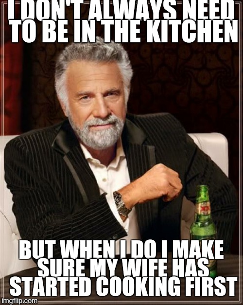 The Most Interesting Man In The World Meme | I DON'T ALWAYS NEED TO BE IN THE KITCHEN BUT WHEN I DO I MAKE SURE MY WIFE HAS STARTED COOKING FIRST | image tagged in memes,the most interesting man in the world | made w/ Imgflip meme maker