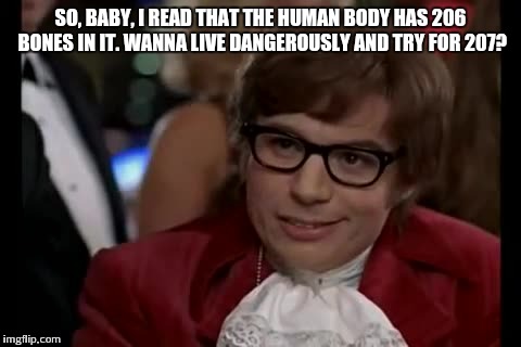 I Too Like To Live Dangerously | SO, BABY, I READ THAT THE HUMAN BODY HAS 206 BONES IN IT. WANNA LIVE DANGEROUSLY AND TRY FOR 207? | image tagged in memes,i too like to live dangerously | made w/ Imgflip meme maker