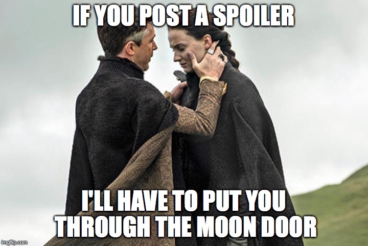IF YOU POST A SPOILER I'LL HAVE TO PUT YOU THROUGH THE MOON DOOR | image tagged in game of thrones | made w/ Imgflip meme maker