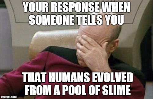 Captain Picard Facepalm | YOUR RESPONSE WHEN SOMEONE TELLS YOU THAT HUMANS EVOLVED FROM A POOL OF SLIME | image tagged in memes,captain picard facepalm | made w/ Imgflip meme maker