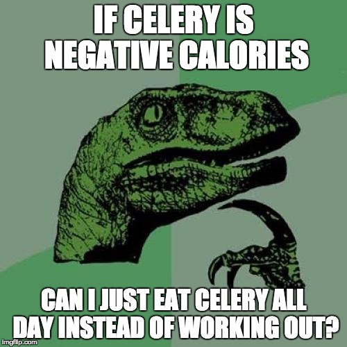 Philosoraptor Meme | IF CELERY IS NEGATIVE CALORIES CAN I JUST EAT CELERY ALL DAY INSTEAD OF WORKING OUT? | image tagged in memes,philosoraptor | made w/ Imgflip meme maker