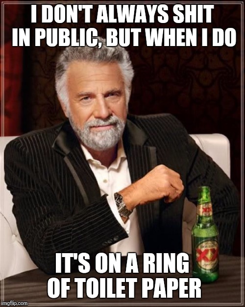 The Most Interesting Man In The World Meme | I DON'T ALWAYS SHIT IN PUBLIC, BUT WHEN I DO IT'S ON A RING OF TOILET PAPER | image tagged in memes,the most interesting man in the world | made w/ Imgflip meme maker