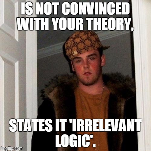 Scumbag Steve Meme | IS NOT CONVINCED WITH YOUR THEORY, STATES IT 'IRRELEVANT LOGIC'. | image tagged in memes,scumbag steve | made w/ Imgflip meme maker