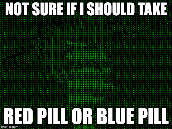 Matrix Fry | NOT SURE IF I SHOULD TAKE RED PILL OR BLUE PILL | image tagged in fry,matrix,red pill,blue pill,futurama fry | made w/ Imgflip meme maker