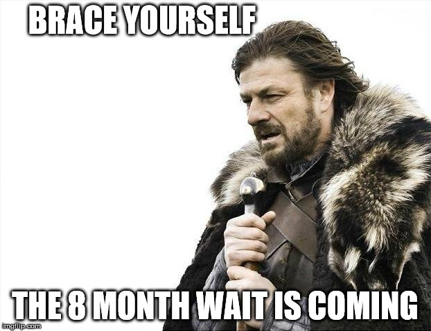 Brace Yourselves X is Coming | BRACE YOURSELF THE 8 MONTH WAIT IS COMING | image tagged in memes,brace yourselves x is coming | made w/ Imgflip meme maker