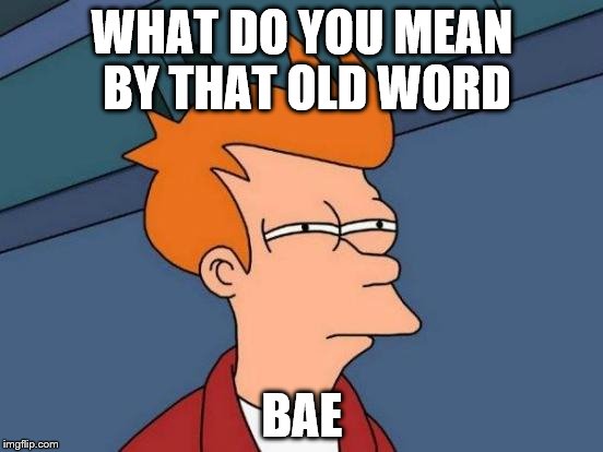 Futurama Fry | WHAT DO YOU MEAN BY THAT OLD WORD BAE | image tagged in memes,futurama fry | made w/ Imgflip meme maker