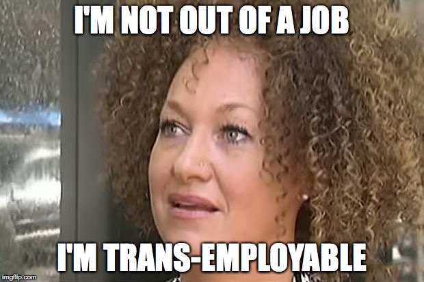 I'M NOT OUT OF A JOB I'M TRANS-EMPLOYABLE | image tagged in rachel dolezai | made w/ Imgflip meme maker