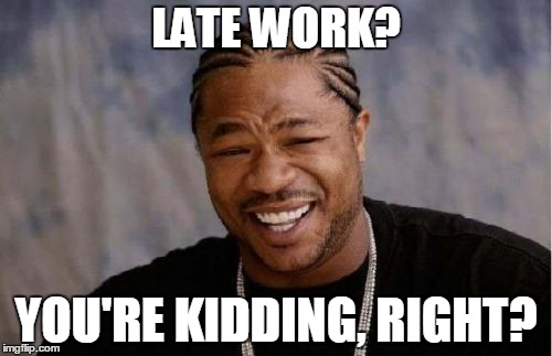 Yo Dawg Heard You | LATE WORK? YOU'RE KIDDING, RIGHT? | image tagged in memes,yo dawg heard you | made w/ Imgflip meme maker
